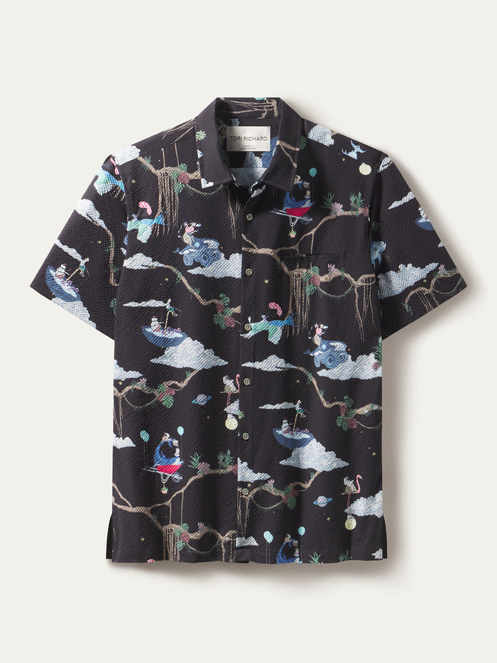Black shirt, cloud and monkey print, short sleeves, cooling polyester, front view.
