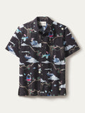 Black shirt, cloud and monkey print, short sleeves, cooling polyester, front view.