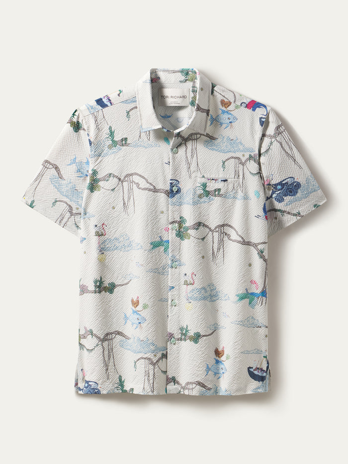 Pastel tropical short-sleeve button-up, with monkey print cooling polyester, front view.