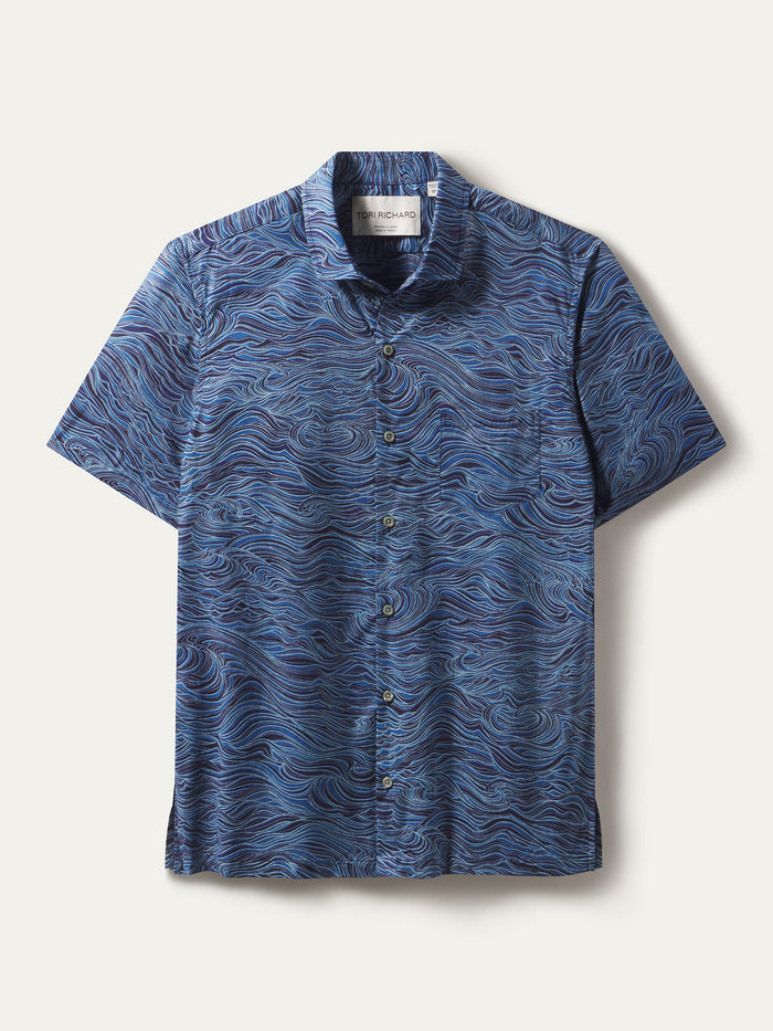 White and blue wavy line-print short-sleeve cotton shirt, flat lay front  view