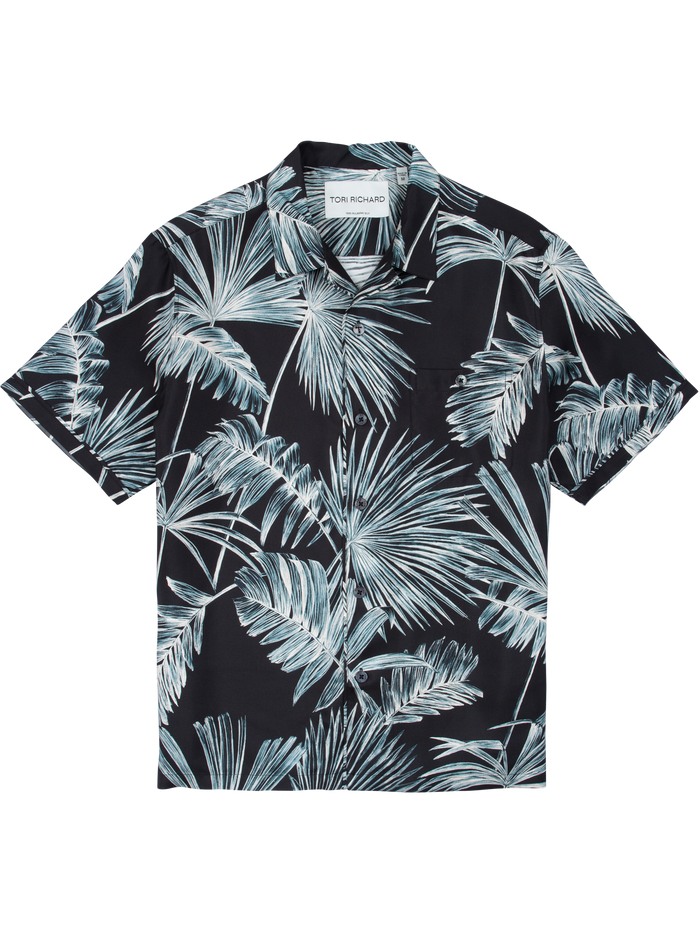 Black silk twill button-up with white and blue palm leaf print, front view.