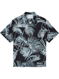 Black silk twill button-up with white and blue palm leaf print, front view.