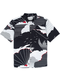 Black cloud/sunburst with red accent-print short-sleeve shirt, moisture-wicking fabric, front and back views.