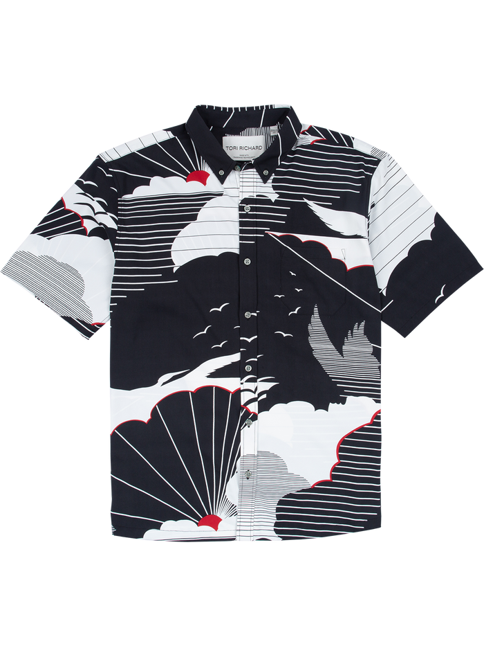 Black cloud/sunburst with red accent-print short-sleeve shirt, moisture-wicking fabric, front and back views.