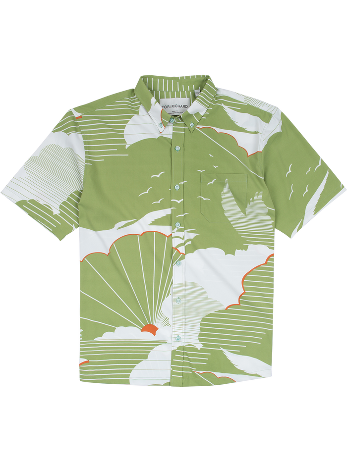 Green short-sleeve shirt with white/orange cloud sunburst pattern, moisture-wicking fabric.
