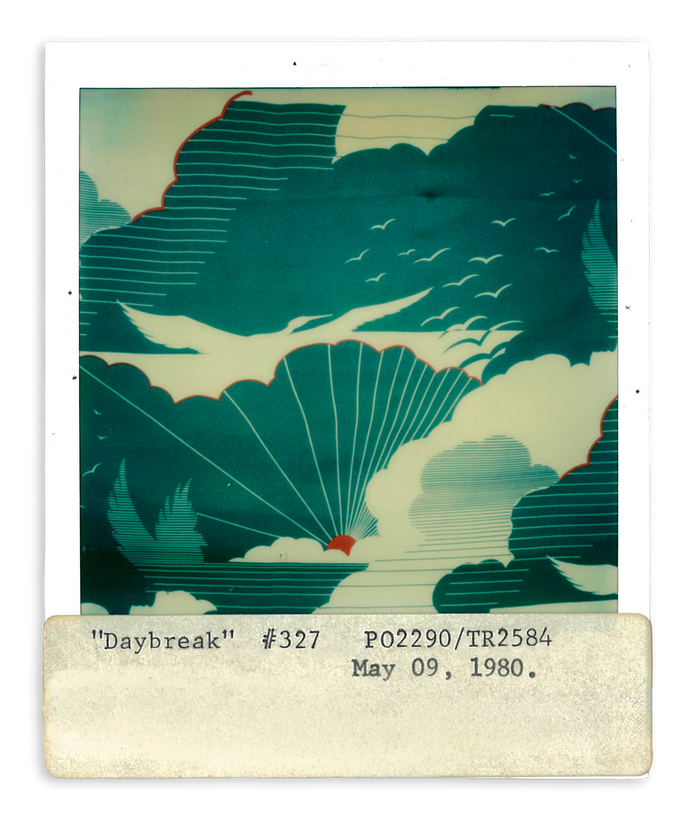 Polaroid photos: multicolor sunrise print with clouds, flying birds, and sun ray's detail.