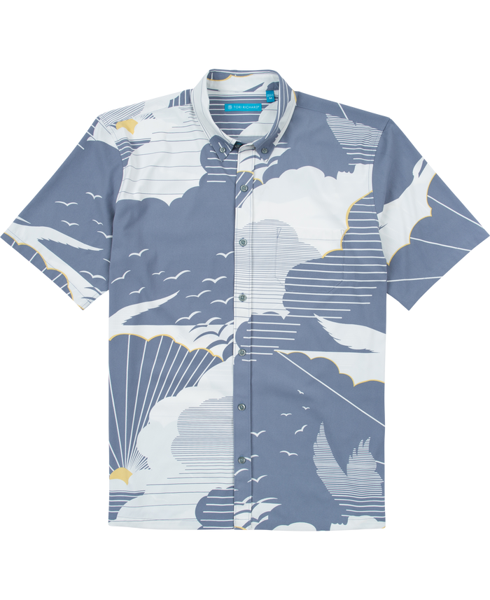 Front views of a light blue and white sky-and-clouds print short-sleeve button-up shirt. #hide