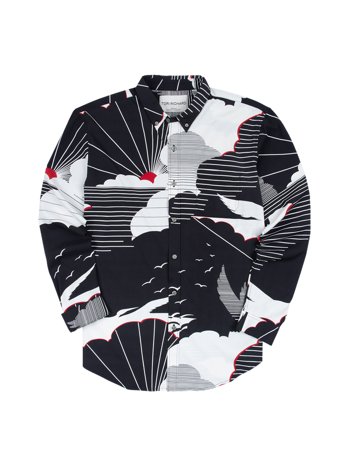 Black/white with red accent abstract-print long-sleeve button-up shirt, front with collar. Back with shoulder seams.  Flat lay.