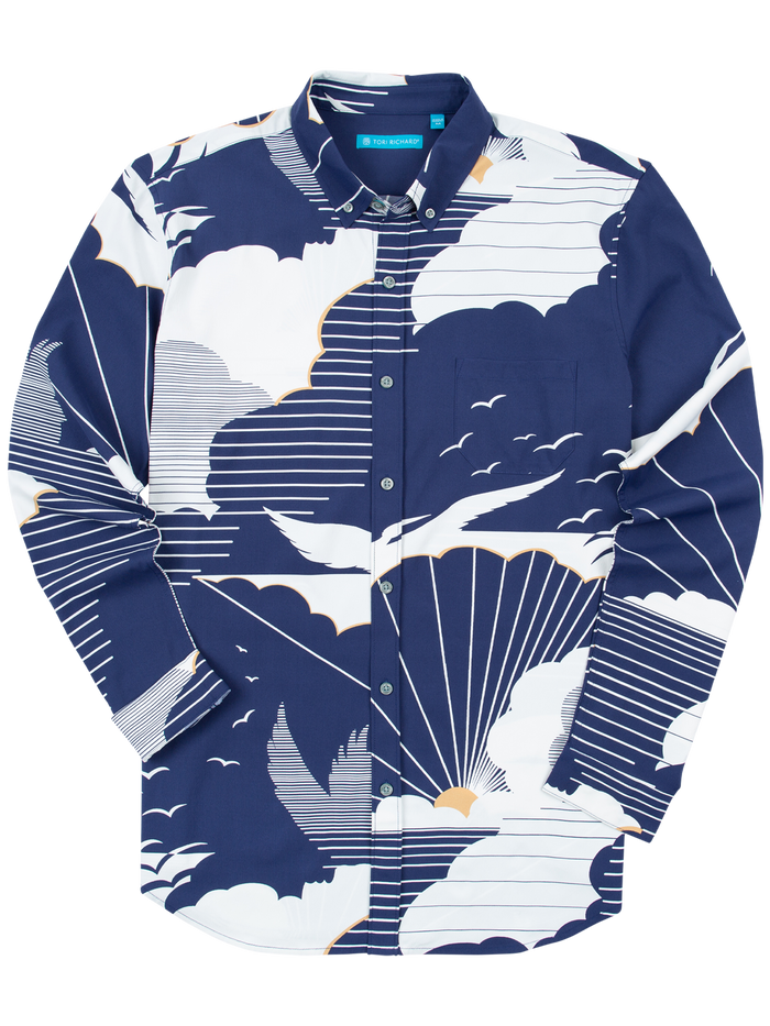 Blue and white cloud and sunburst-print long-sleeve shirt with chest pocket, front view. #hide