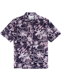 Black and white pinkish palm-print short-sleeve cotton shirt, flat lay front view.