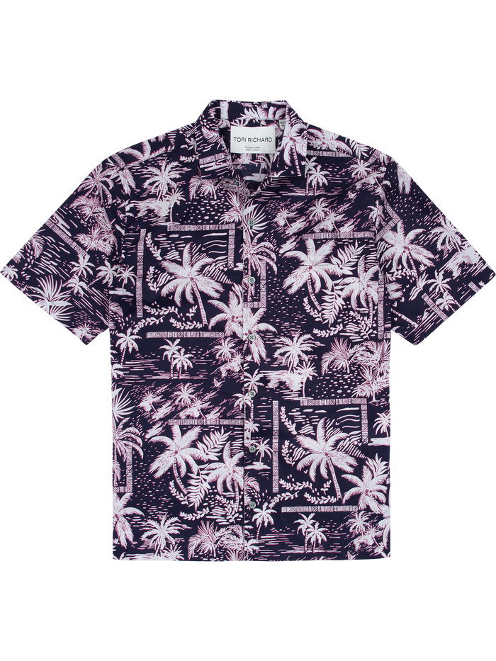 Black and white pinkish palm-print short-sleeve cotton shirt, flat lay front view.