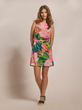 Colorful floral-print midi dress, sleeveless, front view with sandals on neutral background.