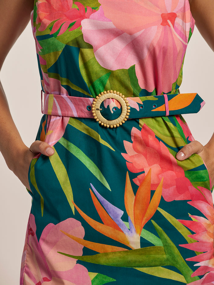 Multicolor Deco Bouquet floral Larissa dress with pockets and round beaded belt buckle, full view.