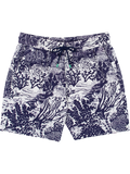 Navy and white coral reef print swim shorts with drawstring waist, shown flat lay in both images.