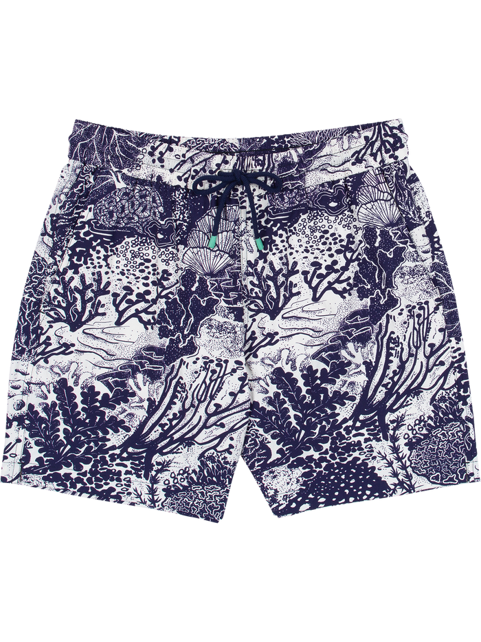 Navy and white coral reef print swim shorts with drawstring waist, shown flat lay in both images.