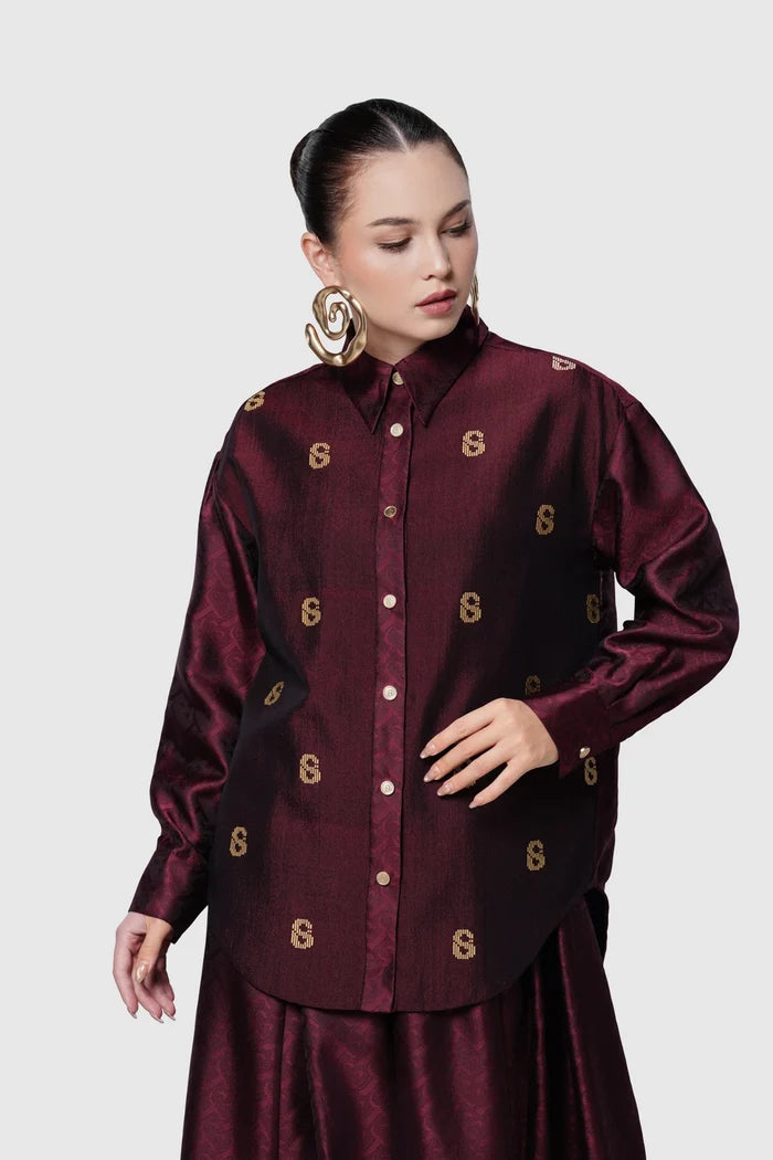 deli etoffe overshirt maroon by buttonscarves front view