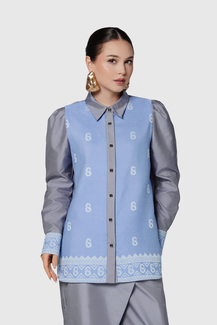 deli etoffe shirt blue by buttonscarves front view