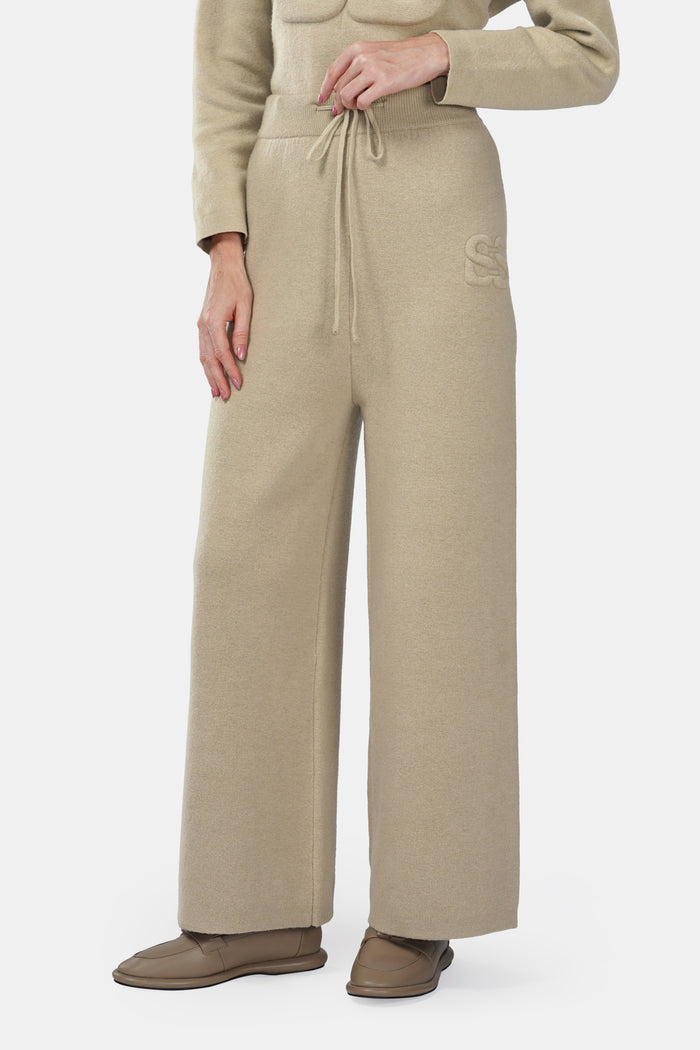 deux knit pants in brown by buttonscarves front view