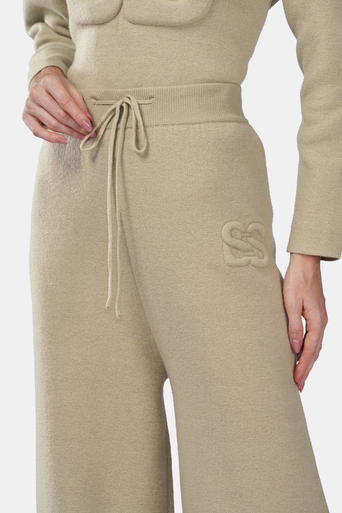 deux knit pants in brown by buttonscarves drawstring detail