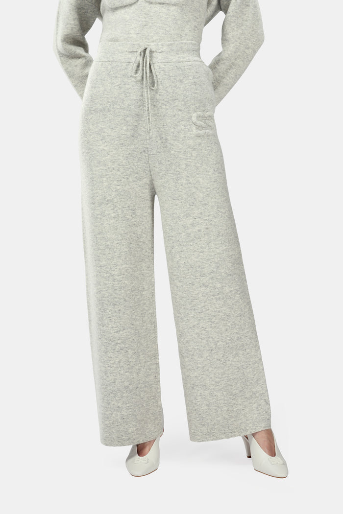 deux knit pants in misty grey by buttonscarves front view