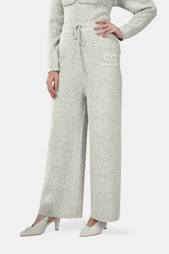 deux knit pants in misty grey by buttonscarves front view