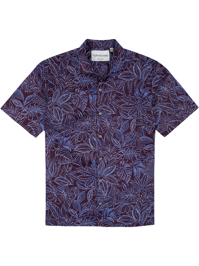 Plum and white batik-leaf print short-sleeve button-up shirt, front view, flat lay view.
