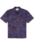 Plum and white batik-leaf print short-sleeve button-up shirt, front view, flat lay view.