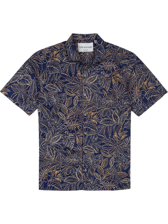 Navy batik leaf-print short-sleeve cotton shirt, front view, flat lay on white background.