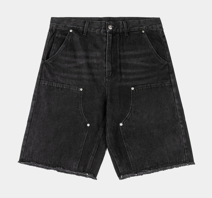 Double Knee Washed Mens Shorts (Black)