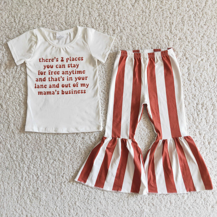 E4-4 Out of My Mama's Business Top Stripes Bell Pants Girls Clothes Set