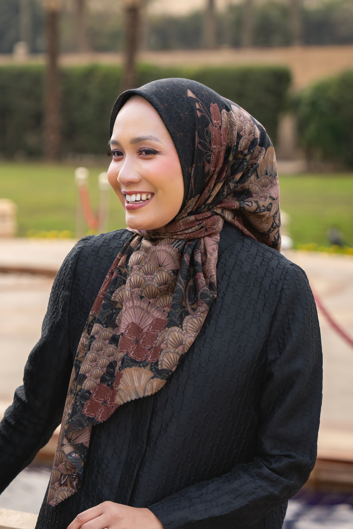 egypt printed square scarf in eclipse by buttonscarves style look