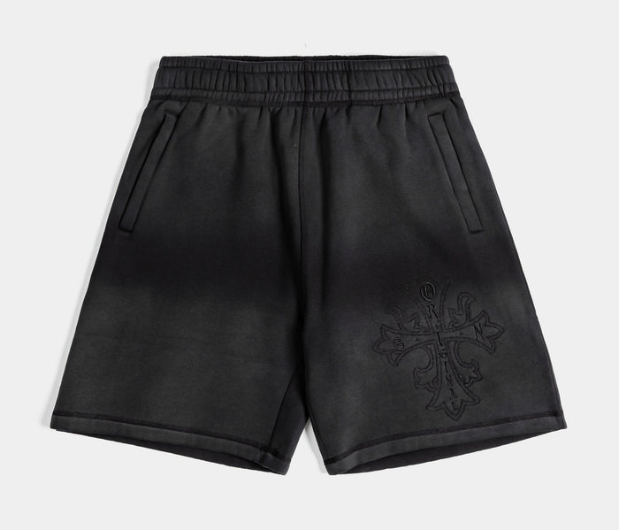 Embroided Cross Long Fleece Washed Mens Shorts (Black/Grey)