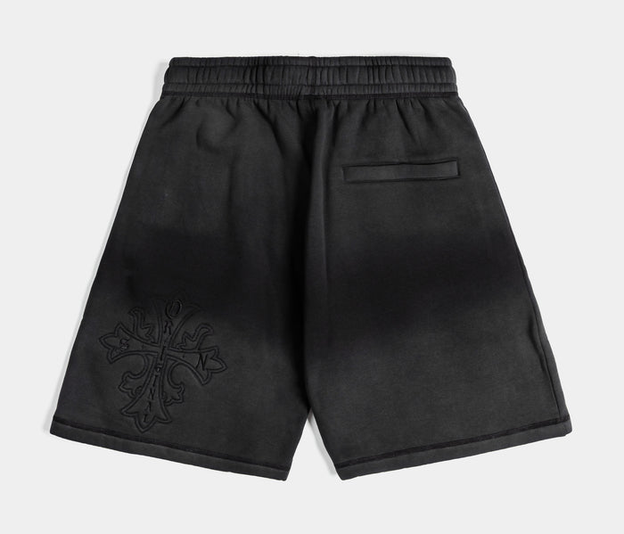 Embroided Cross Long Fleece Washed Mens Shorts (Black/Grey)