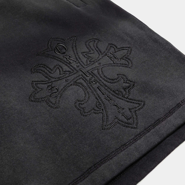 Embroided Cross Long Fleece Washed Mens Shorts (Black/Grey)