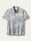Light blue/gray scenic floral-print cotton Hawaiian shirt. Jacquard landscape print, front view.