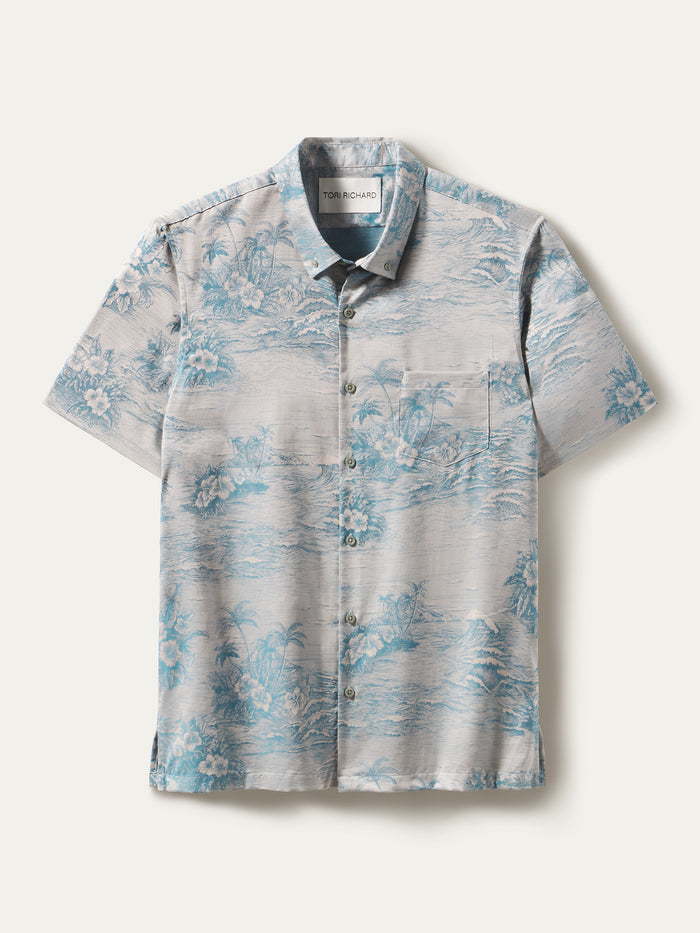 Light blue/gray scenic floral-print cotton Hawaiian shirt. Jacquard landscape print, front view.