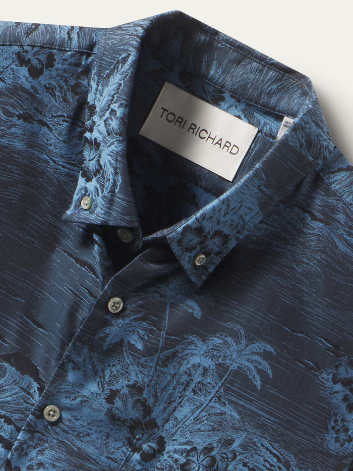 Blue etched scenic jacquard shirt, collar view with Tori Richard label inside.