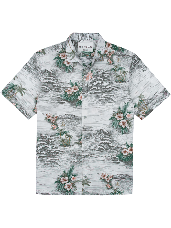 Gray, green, and pink tropical-print short-sleeve shirt, shown from front view.