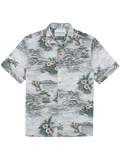Gray, green, and pink tropical-print short-sleeve shirt, shown from front view.