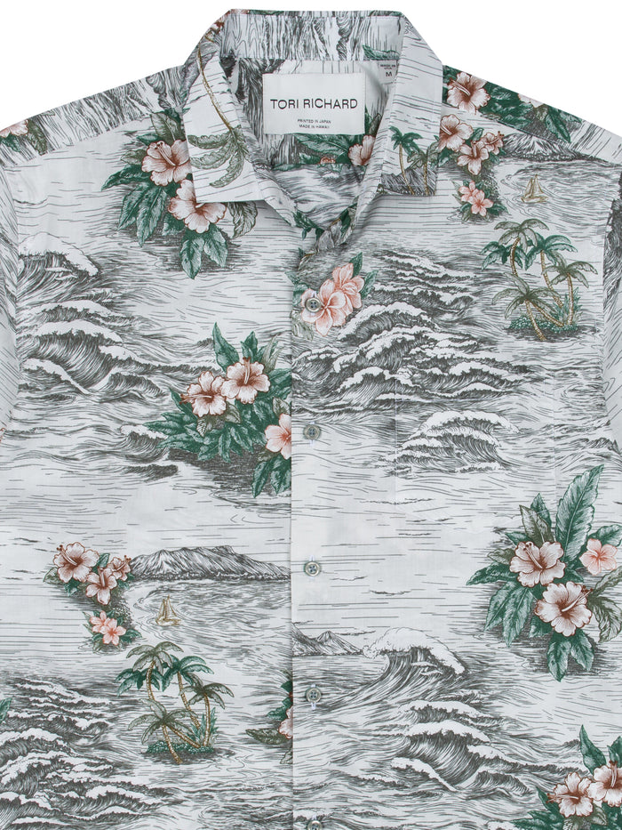 Gray Hawaiian shirt with tropical wave, pink floral, green leaf print shown front iew.