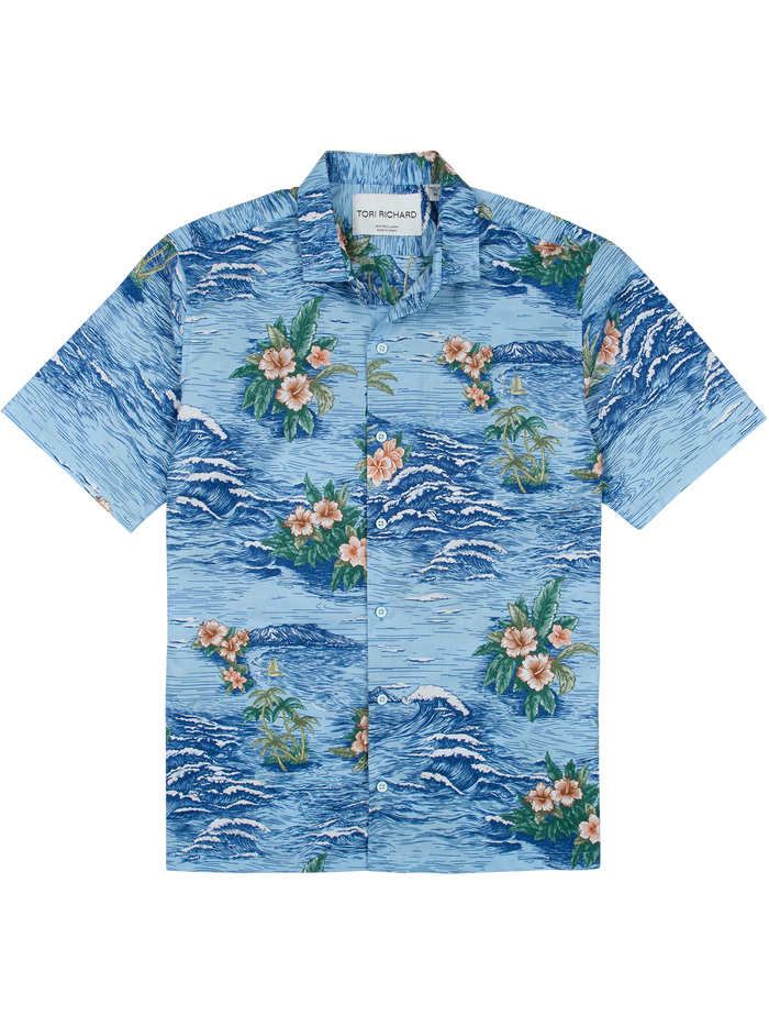 Blue floral wave print Hawaiian shirt with button-down front and collar, shown in standard view.