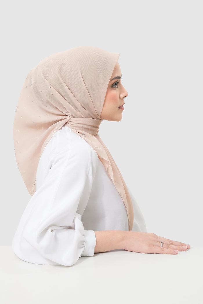everyday glam scarf in beige by buttonscarves side view