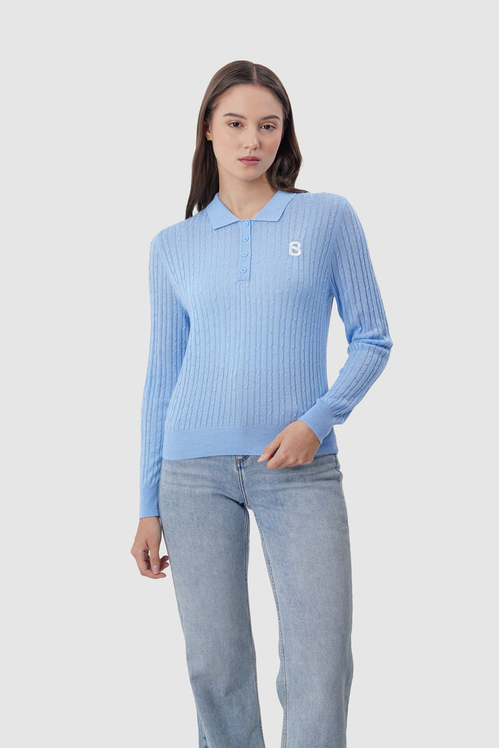 everyday knit half button in blue by buttonscarves front view