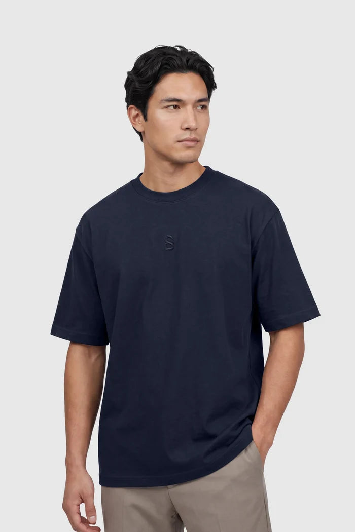 signature men t-shirt in blue by buttonscarves front view
