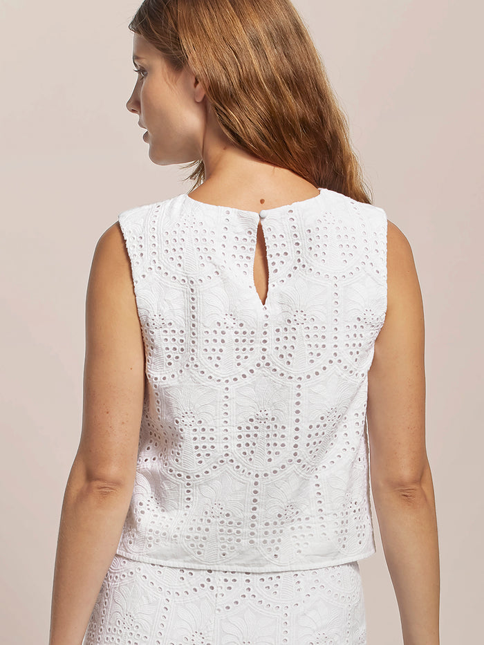 Shell white eyelet-pattern sleeveless top, back view.