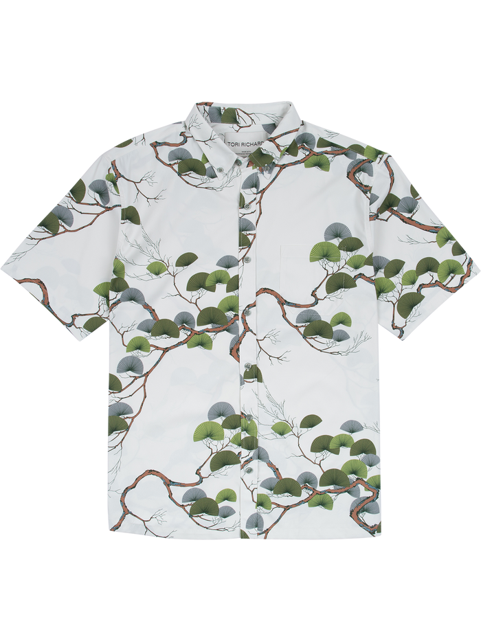 White Japanese pine-print short-sleeve shirt, front view, with Fantasies and Tori Richard vintage details.