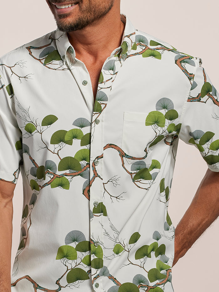 White Japanese pine-print short-sleeve shirt, front view with vintage-style artwork.