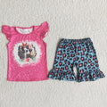 Farm Animals Flowers Pink Top Leopard Shorts Girls summer outfits  C5-2