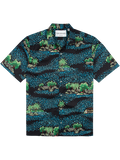 Black tropical island and palm-print cotton lawn shirt, front view.