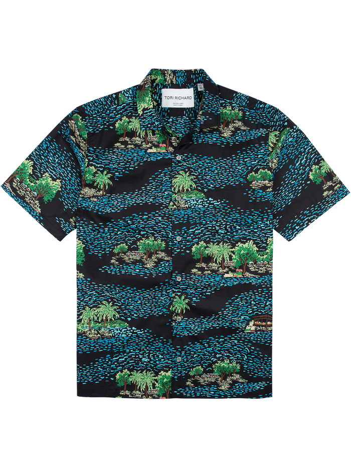 Black tropical island and palm-print cotton lawn shirt, front view.